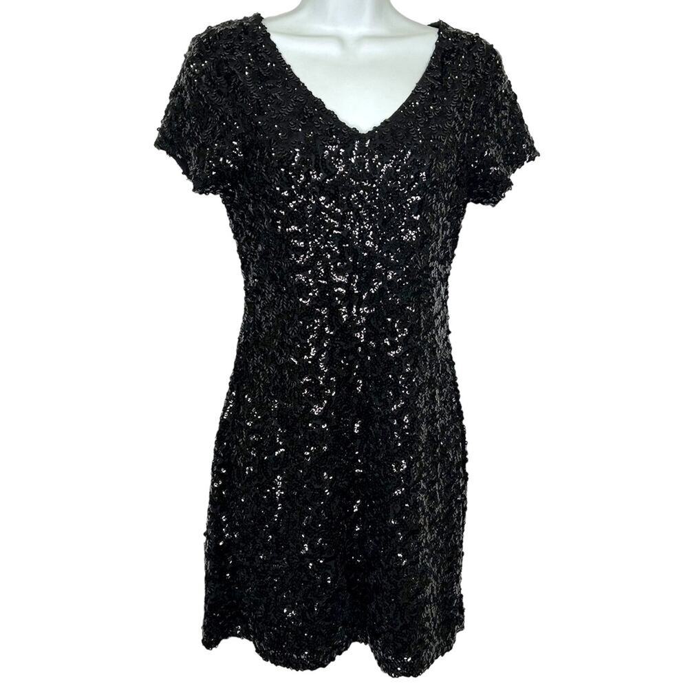 Pretty Guide Black Cocktail Dress V-Neck Sequin Knee Length Glam Vixen